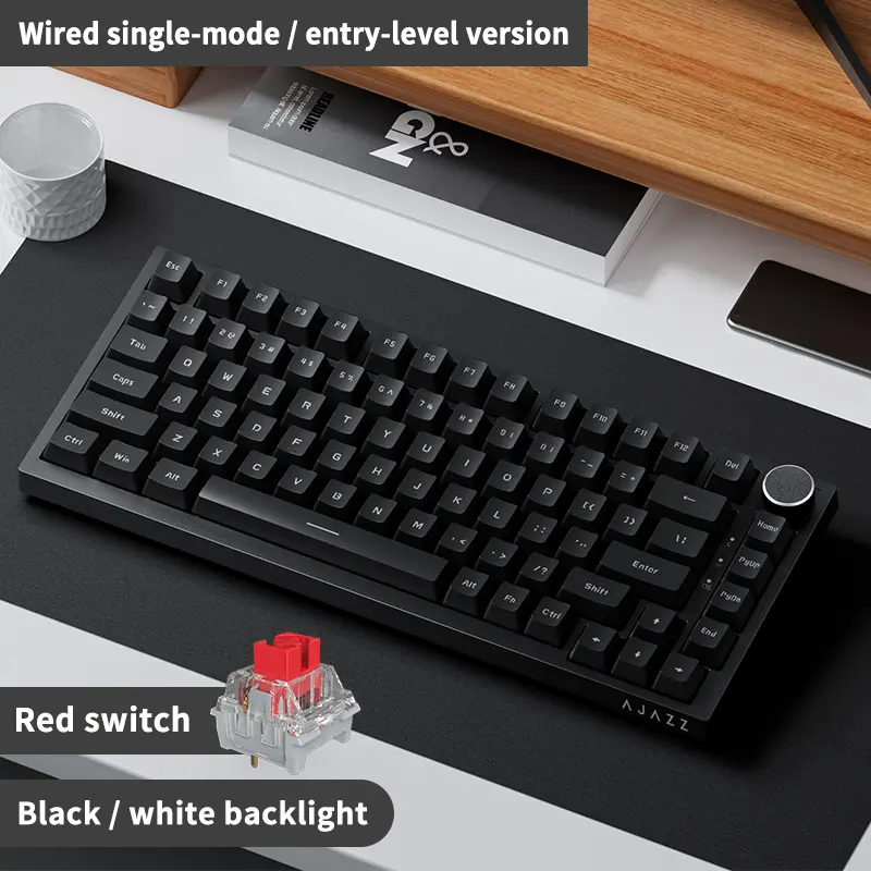 AJAZZ AK820 wired gaming Silent mechanical keyboard, Durable keyboard, Quiet red switches, 75% layout full key hot-swappable Gasket structure metal volume knob PBT keycap FN multimedia button ergonomic computer and office keyboard DIY
