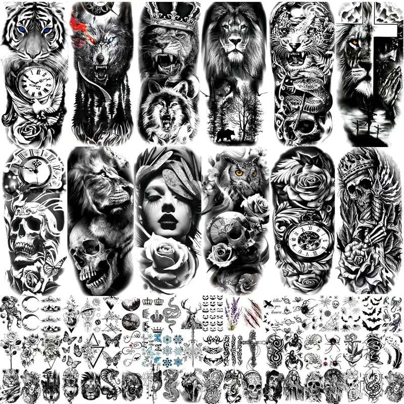 72 Sheets Temporary Tattoo for Men Women Adults, Include 12 Sheets Black 3D Half Sleeve Temporary Tattoos, Halloween Tattoos Scary Lion Wolf Tiger Skull Skeleton Tattoos Stickers