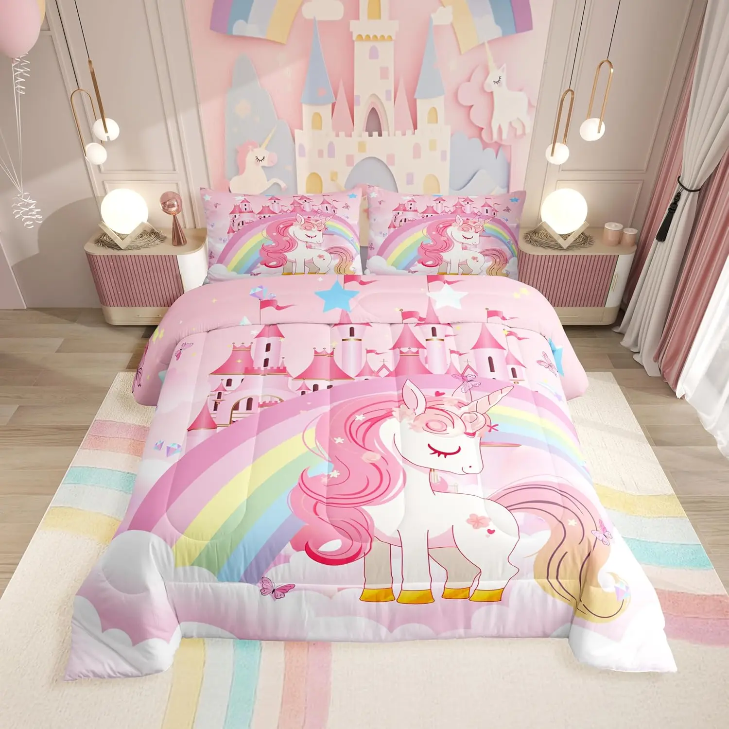 Feelyou Girls' Cartoon Design Duvet & Set - Rainbow Magic Pink Reversible Soft Warm Bedding, Unicorn Castle Stars Print, Breathable Lightweight Camping Bedding, Low-Tumble-Dry Multi-Size King Size Guest Room Cozy Setup, Printed Blanket Included