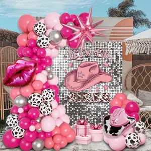 105pcs Western Cowboy Pink Birthday Party Balloon Chain Set Pink Cowboy Hat Red Lips Explosion Star Paired with Pink Rose Red Silver Balloon Perfect for Girl Birthday Party Singles Party Valentine's Day Party Cowboy Theme Party Decoration Balloon Garland