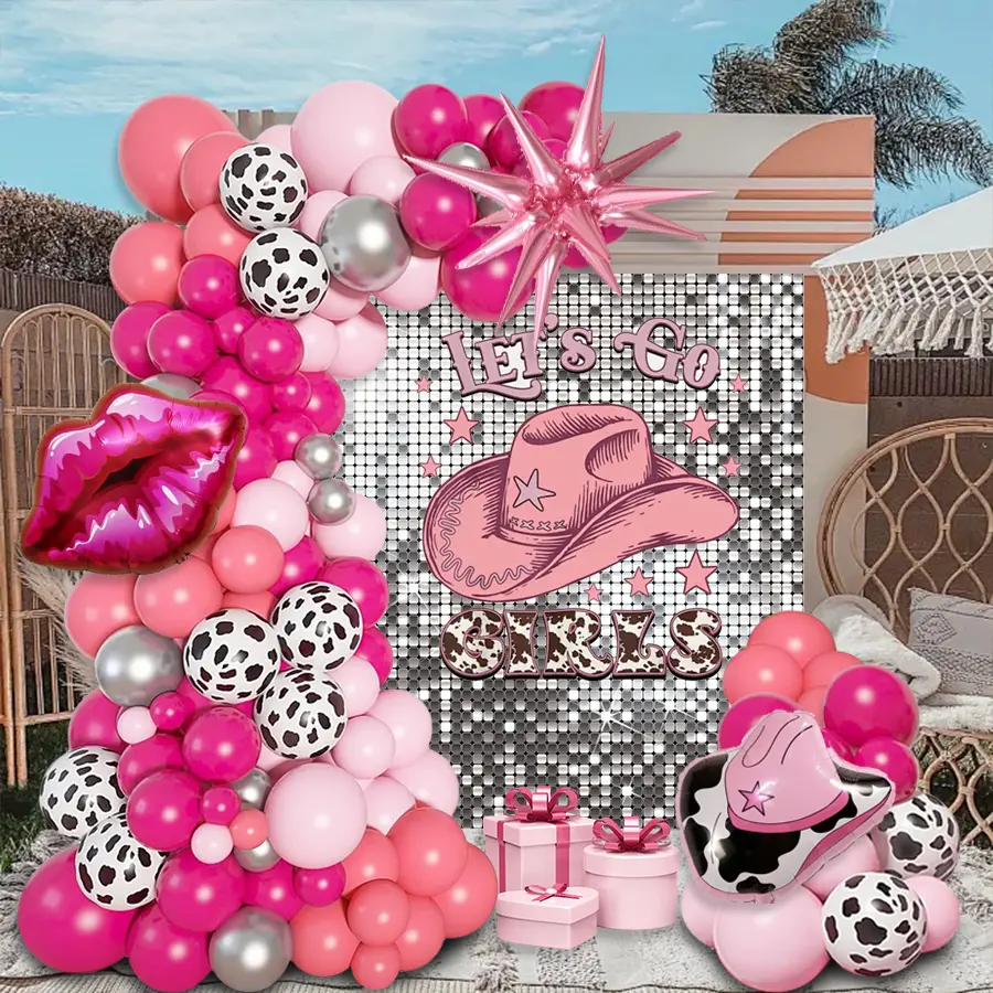 105pcs Cowboy Pink Birthday Party Balloon Chain Set, Balloon Garland Kit, Party Balloons Decorations, Pink Cowboy Hat Red Lips Explosion Star Paired with Pink Red Balloon Perfect for Girl Birthday, Cowboy Theme Parties
