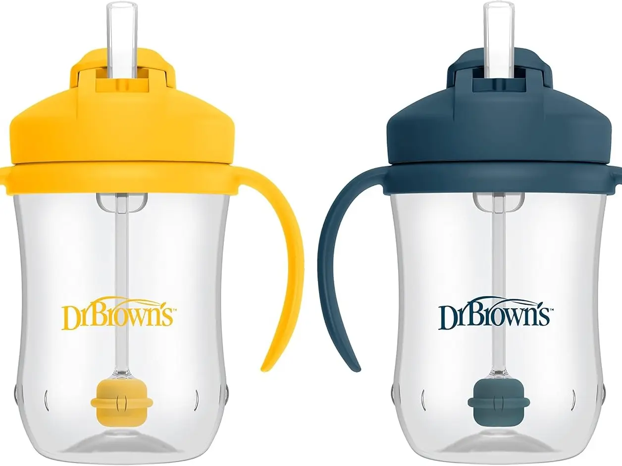 Milestones Baby's First Straw Cup, Training Cup with Weighted Straw, 9oz/270mL, Dark Blue/Vintage Yellow, BPA Free, 6m+, 2 Pack