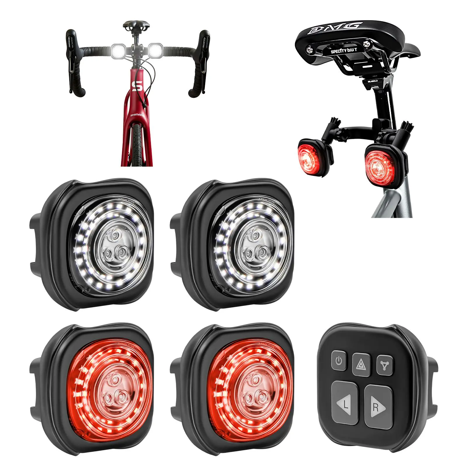 RGB LED Strobe Light, Wireless Remote Control  Flash Warning Light, Multifunctional for Bike, Car and Integrated Handlebar E-Bike, with Controlled Left/Right Turning Signal, Rechargeable Battery, IP67 Waterproof, High Brightness for Cycling Safety
