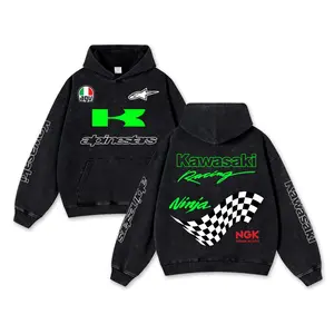 Retro Alpinestars Kawasaki Ninja Racing Washed Hoodie AGV Helmet MotoGP World Champion Enthusiast Apparel Streetwear Akrapovic Shoei Helmet Racing Team Super Motorsports Clothing Riders Motocross Off-Road Dirt Bike Fan Gear Cotton For Moto Fan