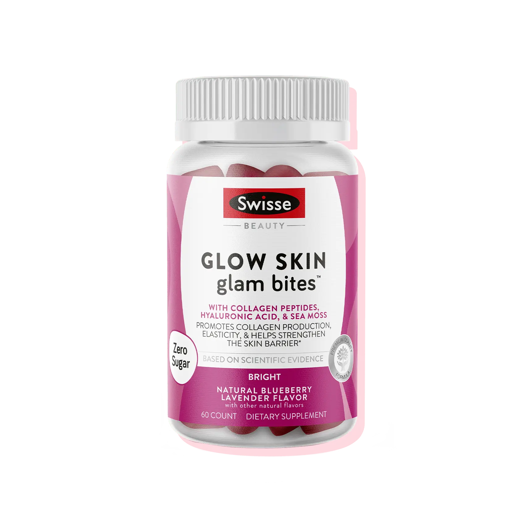 Swisse Glow Skin Glam Bites - Collagen Peptides, Hyaluronic Acid & Sea Moss – Supports Skin Elasticity & Hydration – Zero Sugar Gummies for Adults – Blueberry Lavender Flavor, 60 Count