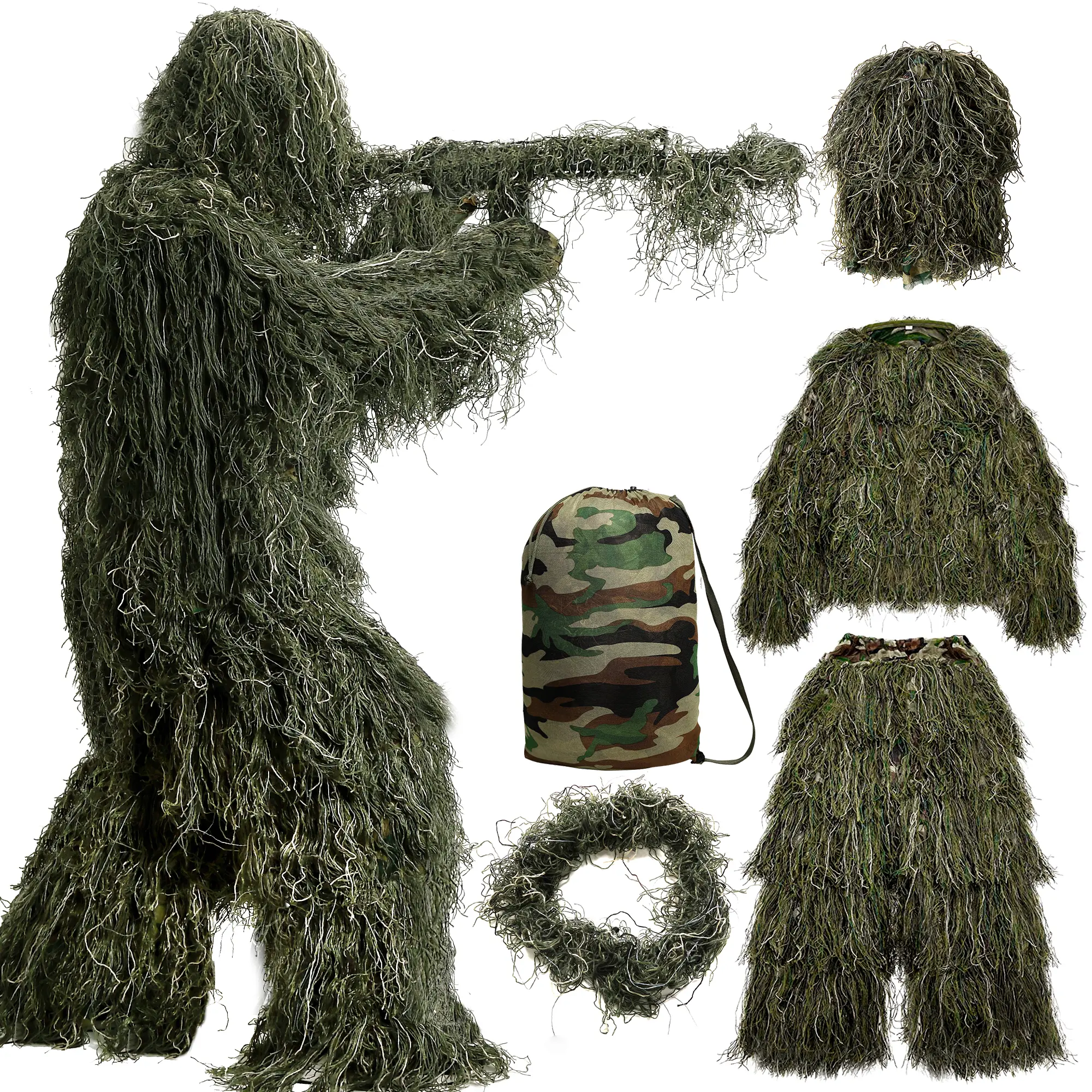 ABORON 5 in 1 Ghillie Suit, 3D Camouflage Hunting Apparel Including Jacket, Pants, Hood, Carry Bag Suitable for Unisex Adults/Youth (S/M/L)