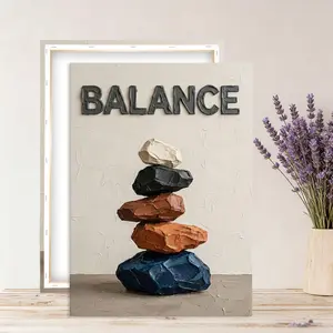 Balanced Stone Canvas Art, Wooden Frame Wall Decor, Zen Meditation Poster, Modern Home Decoration for Yoga Studio