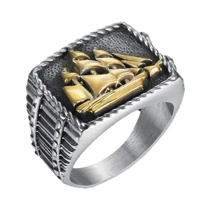 Men's Gothic-Hip-Hop Retro Sailboat Pattern Stainless Steel Ring, Fashion Costume Jewelry Accessory, Nautical Rings