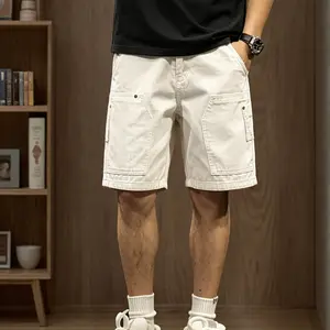 Men's White Washed Denim Cargo Shorts Relaxed Fit Multi Utility Pocket Vintage Streetwear Knee Length Casual Summer Shorts