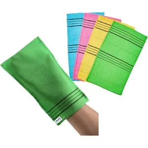 Korean Exfoliating Mitts Large 4PCS (Green, Yellow, Sky Blue, Pink) – Exfoliating Gloves Body Scrubber Italy Towel Washcloth for Korean Spa at Home, Dead Skin Remover, 100% Vegan Viscose