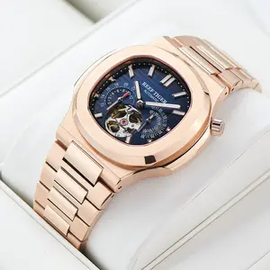REEF TIGER Men's Luxury Automatic Mechanical Watch with an Elegant Square Dial, Sapphire Crystal, Tourbillon Mechanism, and Diamond Decoration