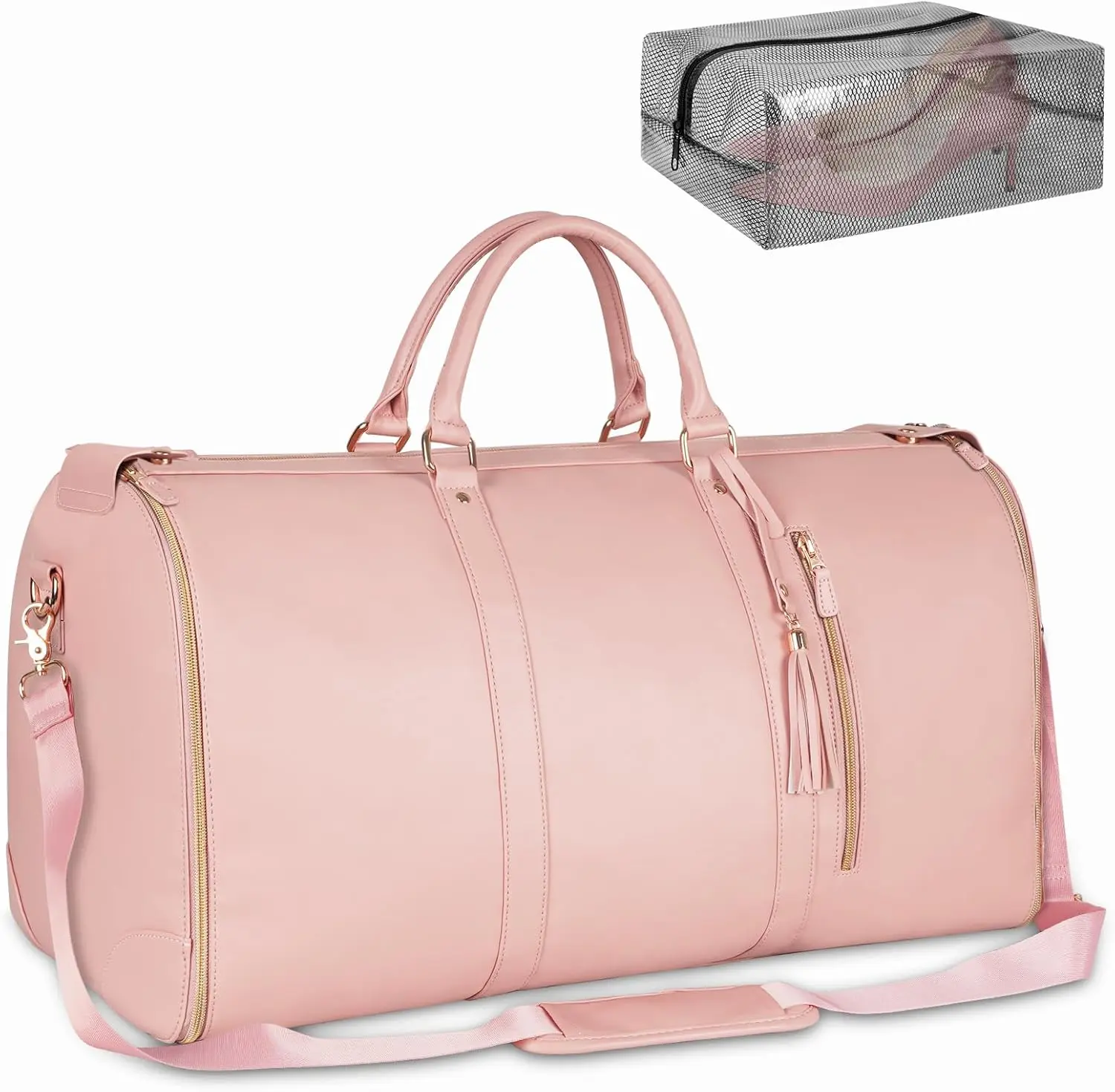 Women's 2-in-1 Convertible PU Leather Garment Duffle Bag - Large Foldable Carry-On Travel Bag with Hanging Design, Shoe Pouch, Pink