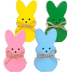 Easter Décor, 4 Pcs Wooden Peep Bunny Decorations for Tiered Tray, Mantel, Farmhouse, Cute Spring Signs for Home, Office, Party Supplies