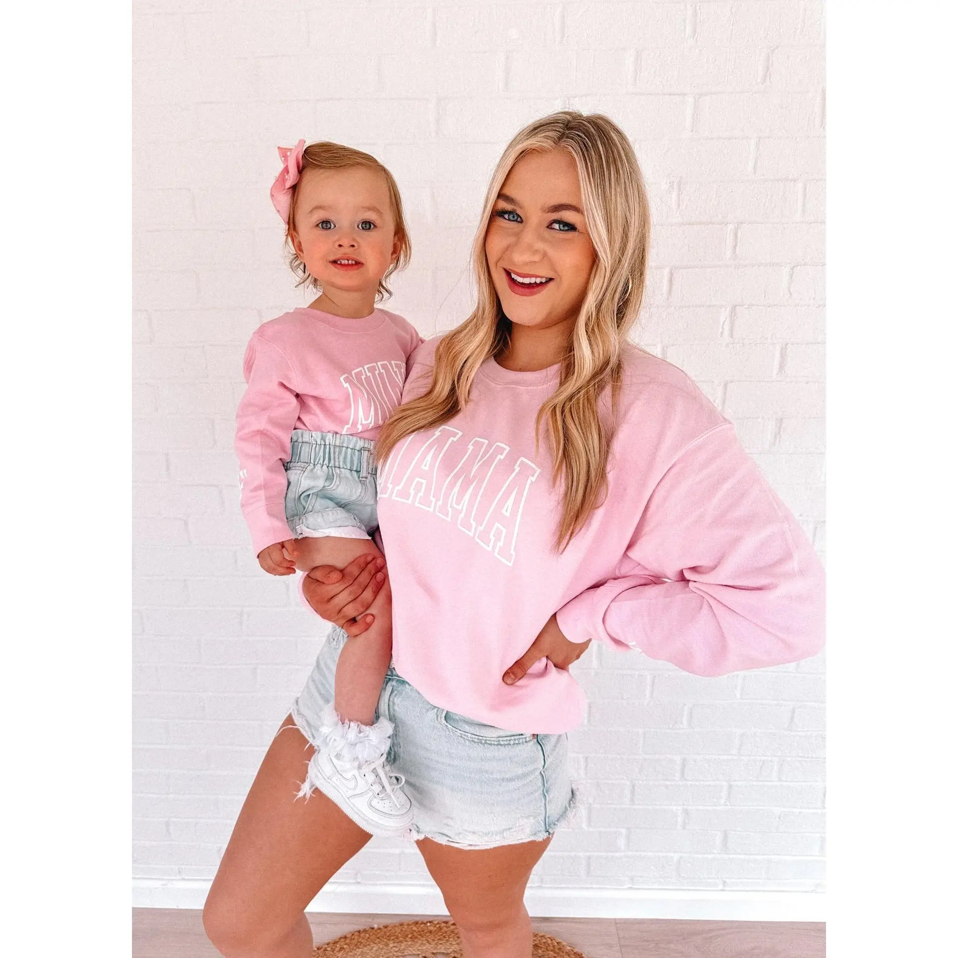 Light Pink Mama and Mini Oversized Puff Sweatshirts with meaningful sleeves