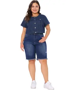 Agnes Orinda Women's Plus Size Denim Vest Tops Crew Neck Button Down Short Sleeve Cropped Jean Jacket