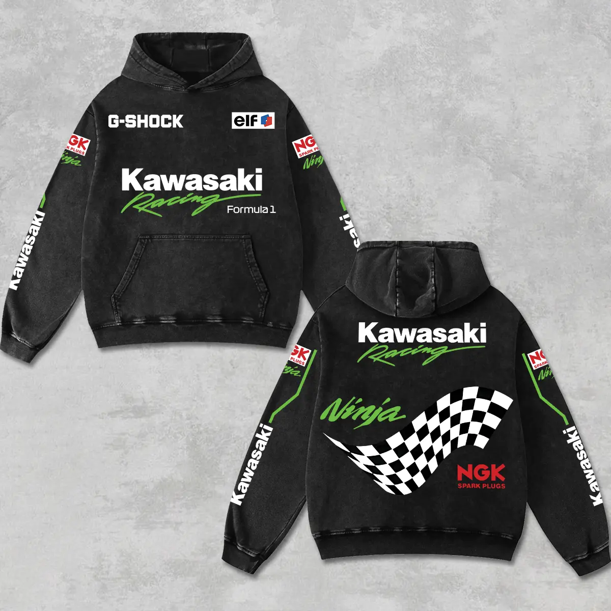 Retro NGK Kawasaki Ninja Racing Hoodie Vintage Washed Black, Formula World Championship Enthusiast, Motorcycle Off-Road Dirt Bike Graphic Streetwear, Heavyweight Biker Sweatshirt, Retro Moto Gear Motorbike Apparel Men’s Grunge Y2K Racing Jacket Style