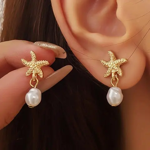 Starfish & Faux Pearl Decor Dangle Earrings, Stylish Jewelry for Women, Trendy All-match & Exquisite Jewelry for Birthday Gift, Trendy Fashionable Accessories, Beachy Earrings, Earrings Dangling