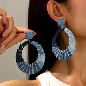 [Bohemian Denim Earrings] Handmade Bohemian Retro Western Denim Oval Earrings | Light & Dark Blue Patchwork Design, Dangle Earrings for Everyday & Party Wear, Perfect Holiday Gift