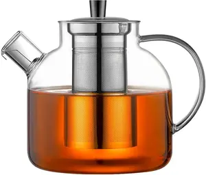 1500ml(52oz) Glass Teapot with Removable Infuser, Stovetop Safe Large Tea Pot, Blooming and Loose Leaf Hand Crafted Kettle for Women and Adult with Stainless Infuser
