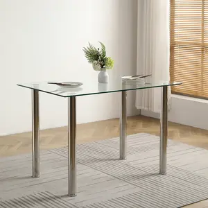 Tempered Glass Dining Table, 4-Seat Clear Glass Top with Stainless Steel Frame for Modern Dining Room Kitchen, 110x70x75cm