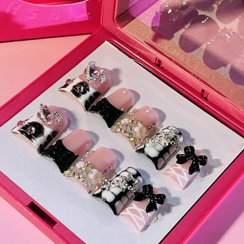 Handmade Press-on Nails, 10 PCS Duckbill Set in Pastel Hues with 3D Acrylic Flowers and Crystal Embellishments for Nail Art, Nail Press On Nails, Flower Design Nails, Nails Press On