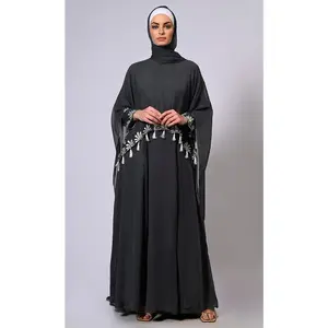 2 Pc Cape style Embroidered Grey Abaya with Scalloped Edges and Tassels Detailing - Final Sale