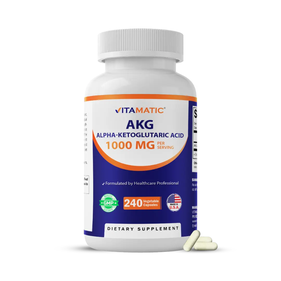 Vitamatic Alpha-Ketoglutaric Acid (AKG) Dietary Supplement for Adults - 1000 mg Per Serving, Sugar Free, 120 Day Supply, Energy Boost, Amino Acid Support, Cellular & Body Health, 240 Capsules, Non-GMO, GMP-Certified, Made in USA, Fitness-Friendly