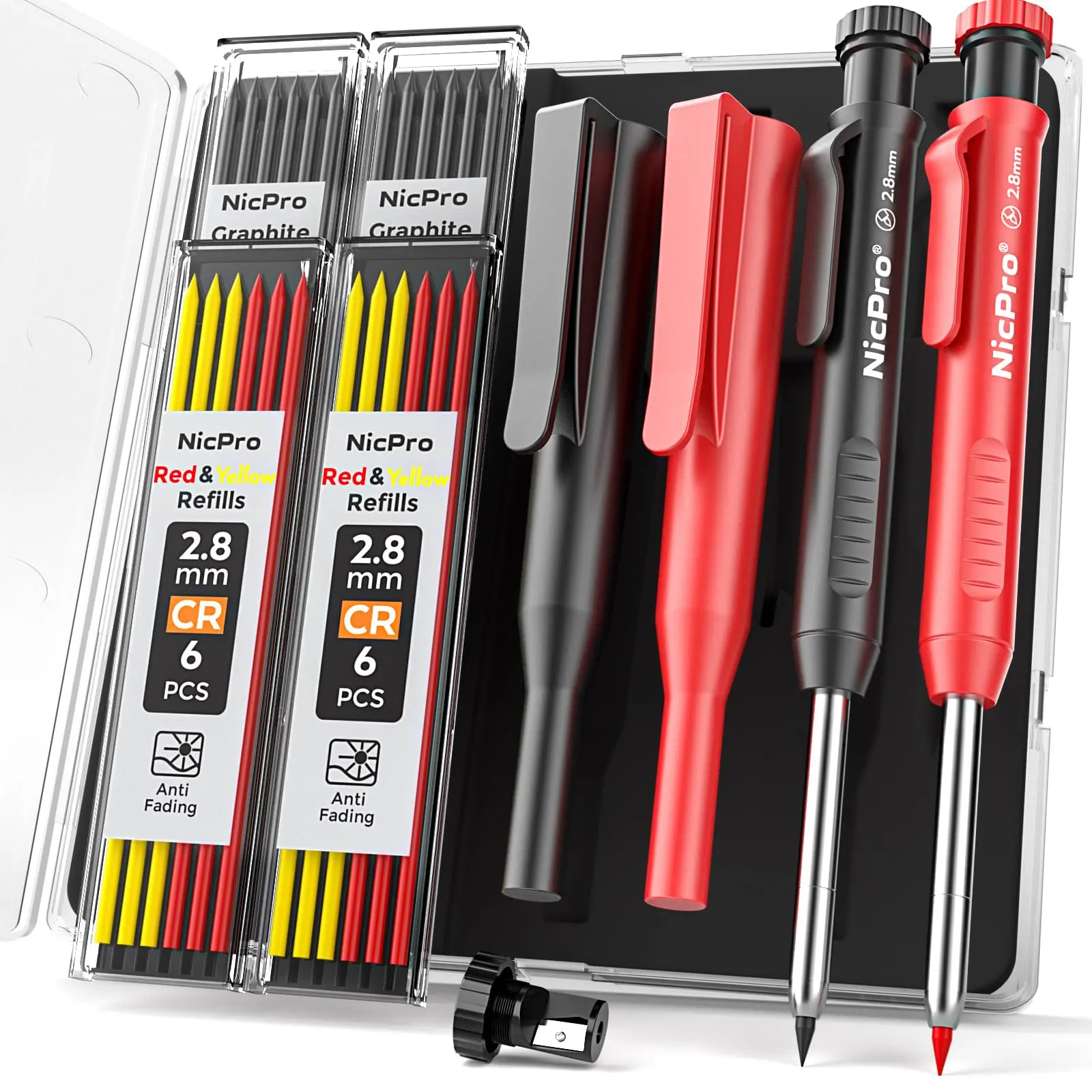 Carpenter Pencil 2Pack with Sharpener, Heavy Duty Construction, 26 Refills (Red, Black, Yellow) for Woodworking and Architectural Use