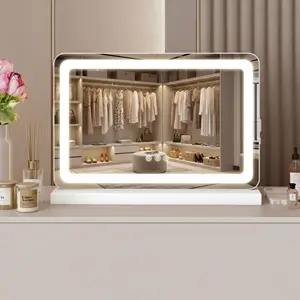 LED Makeup Mirror with 3 Dimmable Color Modes, Vanity Mirror with Lights – Touch Screen Control, Square Desk Mirror for Makeup & Beauty, Stylish White Decor, Vanity Mirror for Home, Bedroom & Office, Modern Beauty Mirror