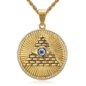 NEGS 18K Gold Plated Blue Evil Eye on Pyramid Egyptian Pendant 24'' Chain Stainless Steel Necklace for Men Women