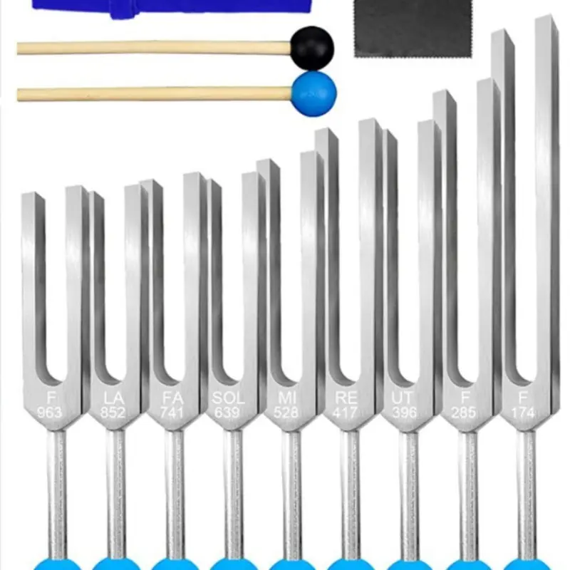 9 Piece Solfeggio Tuning Fork Set (silver Color), Sound Healing, Dna Repair, Mind Body Therapy, Vibrations 174hz-963hz