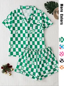 Women's Checkerboard Print Lapel Neck Pajama, Casual Comfy Short Sleeve Button Front Chest Pocket Design Top & Elastic Waist Shorts PJ Set, Ladies Summer Sleepwear Loungewear