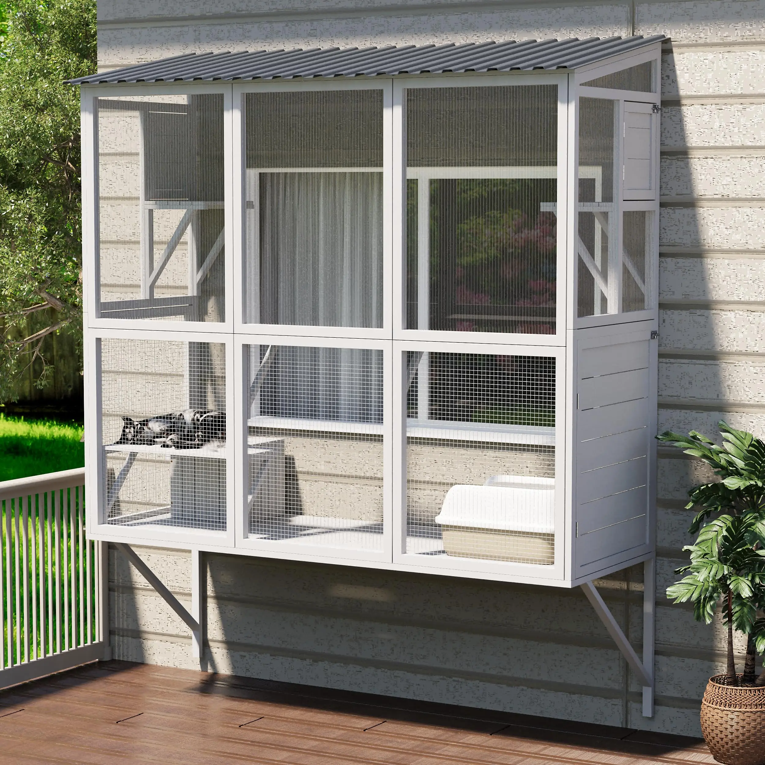 AECOJOY Catio Outdoor Cat Enclosure with Window Access, Large Window Catio Wood Cat House with 4 Platforms & 3 Doors for Napping & Nature Viewing – All-Weather Pet Cage for Indoor Cats
