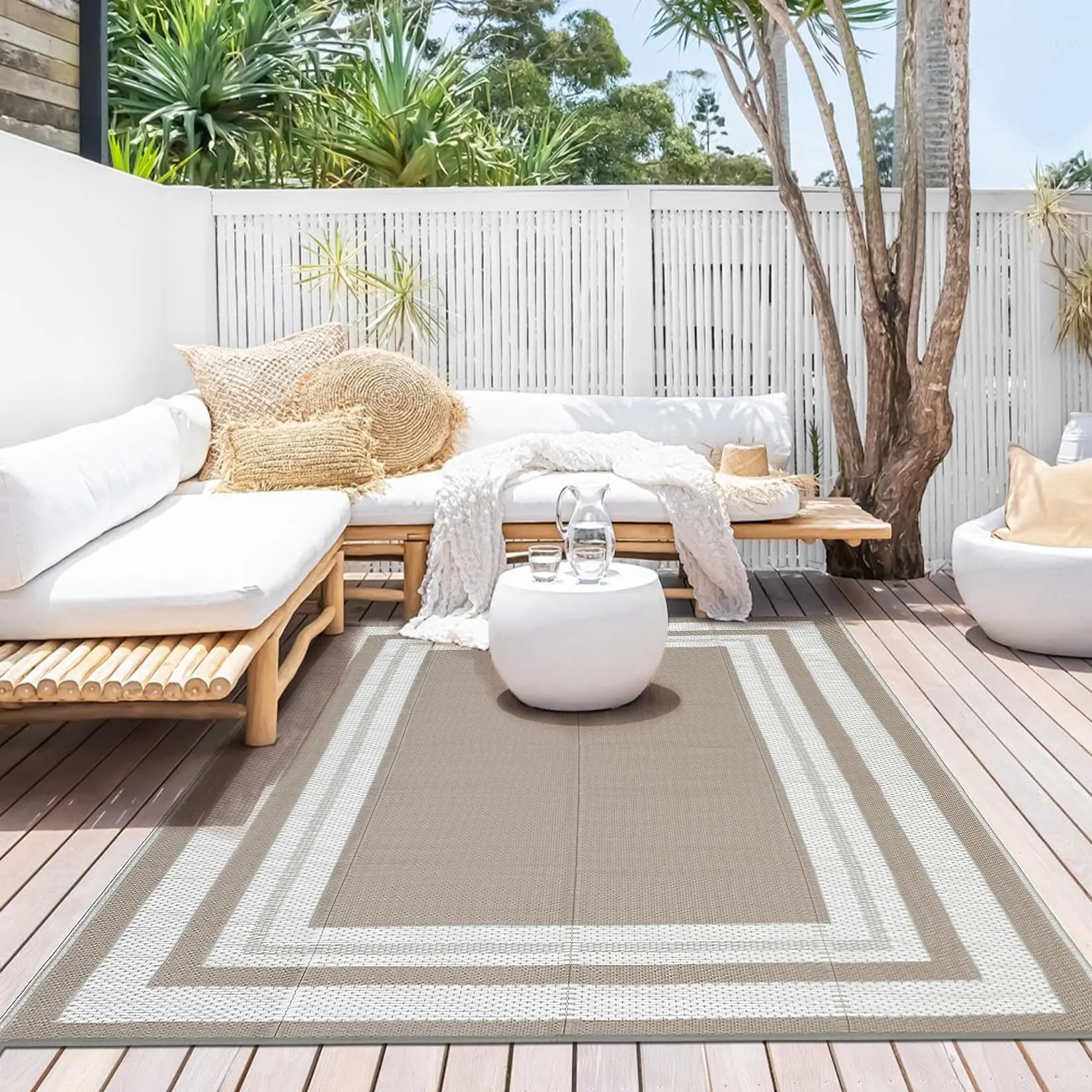 GARVEE 8x10 Outdoor Plastic Rug with Simple Frame Pattern, Stain Resistant, Low-Weight, Non Slip Waterproof Carpet for Patio, Garden, Porch, Entryway, and Outdoor Use - Brown