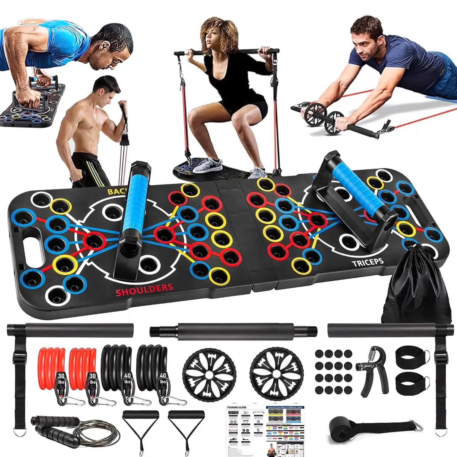5-in-1 Black Sturdy Compact Strength Training Machine - Push-up Board System, Abdominal Muscle Trainer, Chest Shoulder Trainer, Portable Home Workout Gear for All Body Types (Fitness Lover Gifts), Home Gym Equipment, Lightweight