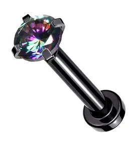 Black PVD Internally Threaded Black Aurora CZ Prong Mini Disc Labret