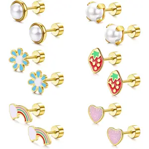 Milacolato 6-Pairs 18G Stainless Steel Flat Back Stud Earrings for Women, Female Tiny Cartilage Jewelry with Heart, Flower, Strawberry, Rainbow, Simulated-Pearls Designs, Hypoallergenic Metal Coating Piercing Accessories