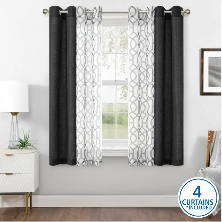 Kingswood Solid and Printed Sheer Grommet Curtain Panel Set 4 Piece Black 27.5" W x 63" L