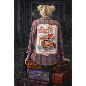 Broken Bandit “My Emotional Baggage” Upcycled Flannel – Gray & Red Plaid Graphic Flannel Jacket – Unisex XL