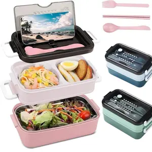 1000ml Double Layer Lunch Box Portable Compartment Lunch Box Microwave Lunch Box with Fork Chopsticks Spoon Does Not Contain BPA