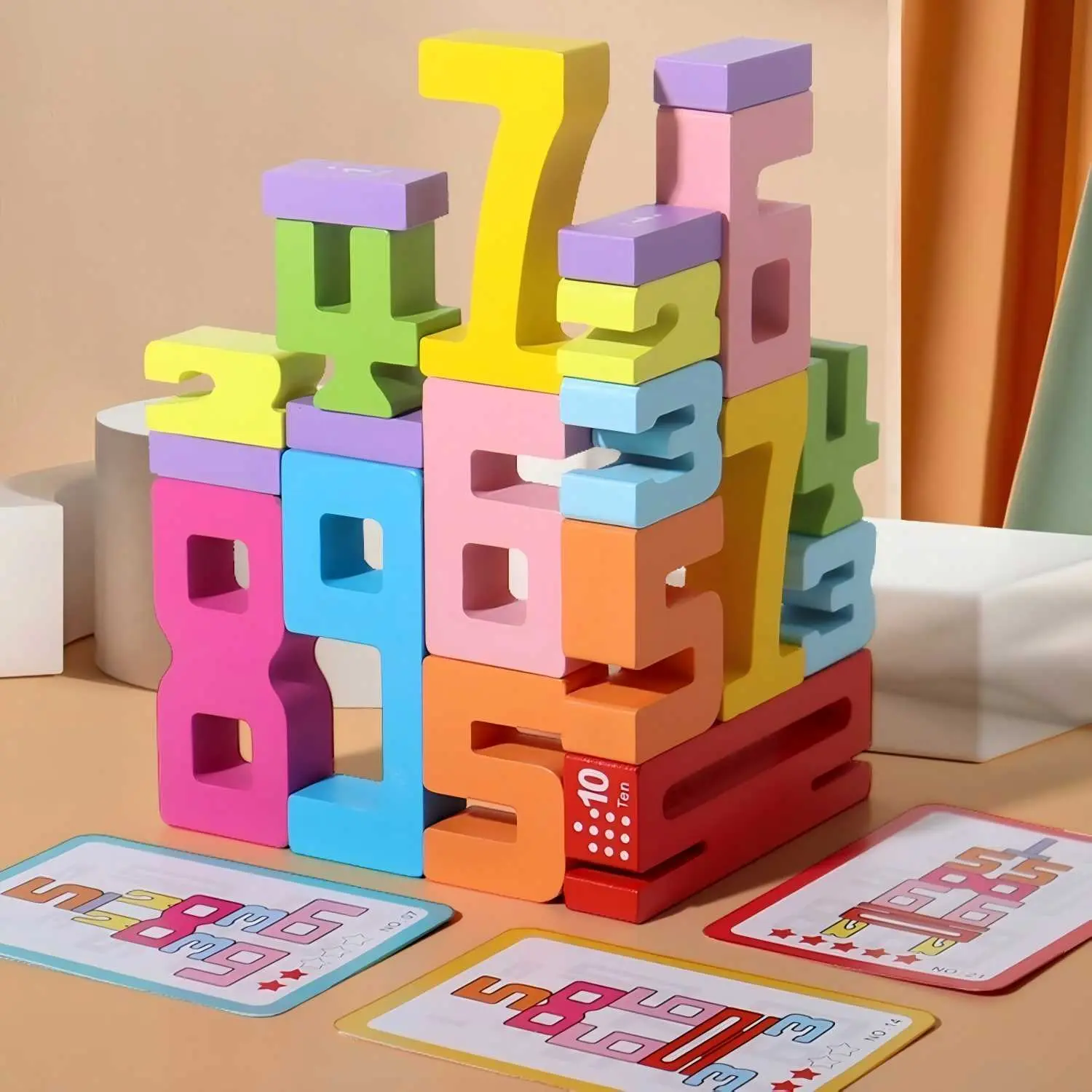 Wooden Number Blocks Stacking Toy, Creative 3D Number Operation Building Blocks Tower Game with Game Cards, Educational Toy for Kids