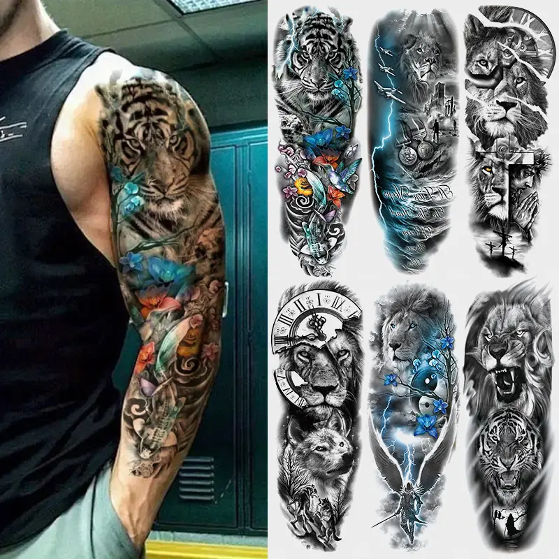 6-Piece Temporary Tattoo Stickers, Waterproof Animal Sleeve Art Tattoos, Lion Tiger Jesus Design, Easy to Apply, Unisex Body Art Accessories, Waterproof Realistic Tattoos, Fake Tattoos
