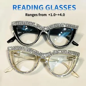 2pcs Cat Eye Rhinestone Reading Glasses for Women, Elegant Anti-Blue Light Readers +1.0 to +4.0, Stylish Full-Frame Design with Sparkling Crystals, Black & Translucent Frames, Antiblue Light Protection| Decorative Eyewear| Polycarbonate Lenses-