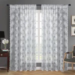 Designer Sheer Voile Drapes Set of 2 White Vintage Floral Jacquard Curtain Panels for Soft Light Filtering