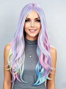 26-Inch Rainbow Color Long Wavy Wig for Women, Mixed Color Synthetic Hair, Synthetic Wigs, Halloween Party Theme, Secure Fit, Vibrant Costume Wig