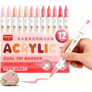 12 Colors Dual Tip Acrylic Paint Markers, Pink Skin Color - Extra Fine & Soft Brush Pen Set with Direct Ink Flow for Sketching, Detailing, Coloring on Wood, Canvas, Rock, Glass, DIY Crafts
