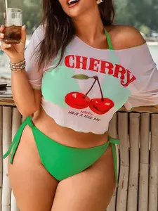 Plus Size 3pc Cherry Print Swimsuit Set: Halter Triangle Top & Semi-Sheer Top for Summer Vacation - Chic Beachwear
