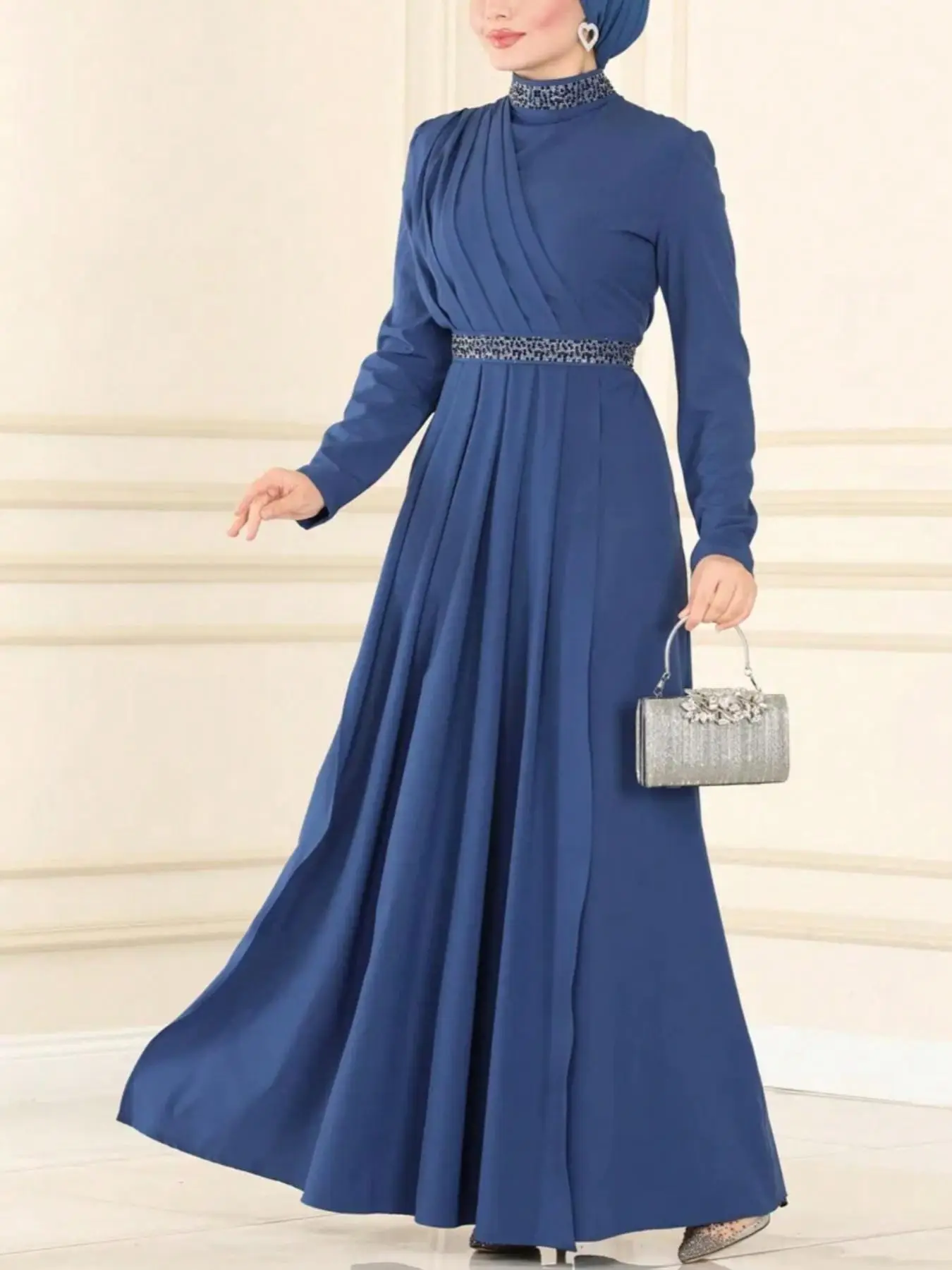 Women's Rhinestone Decor Belted Pleated A Line Dress, Elegant Mock Neck Long Sleeve Maxi Dress for Party Wedding Guest, Ladies Clothes for All Seasons