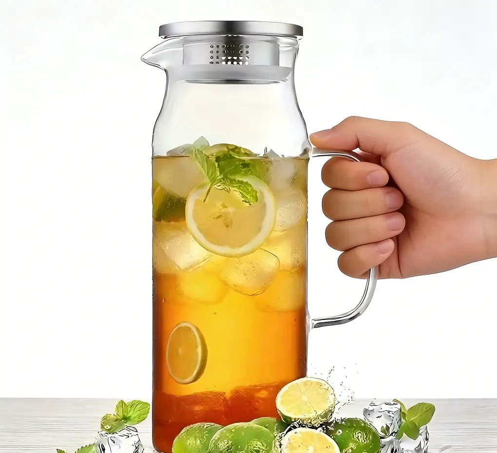 1.5L High Borosilicate Glass Pitcher with Lid & Spout, Hot Cold Safe Water Carafe, Fridge-Friendly Iced Tea Pitcher, Easy Clean Beverage Jug for Lemonade, Juice, Milk