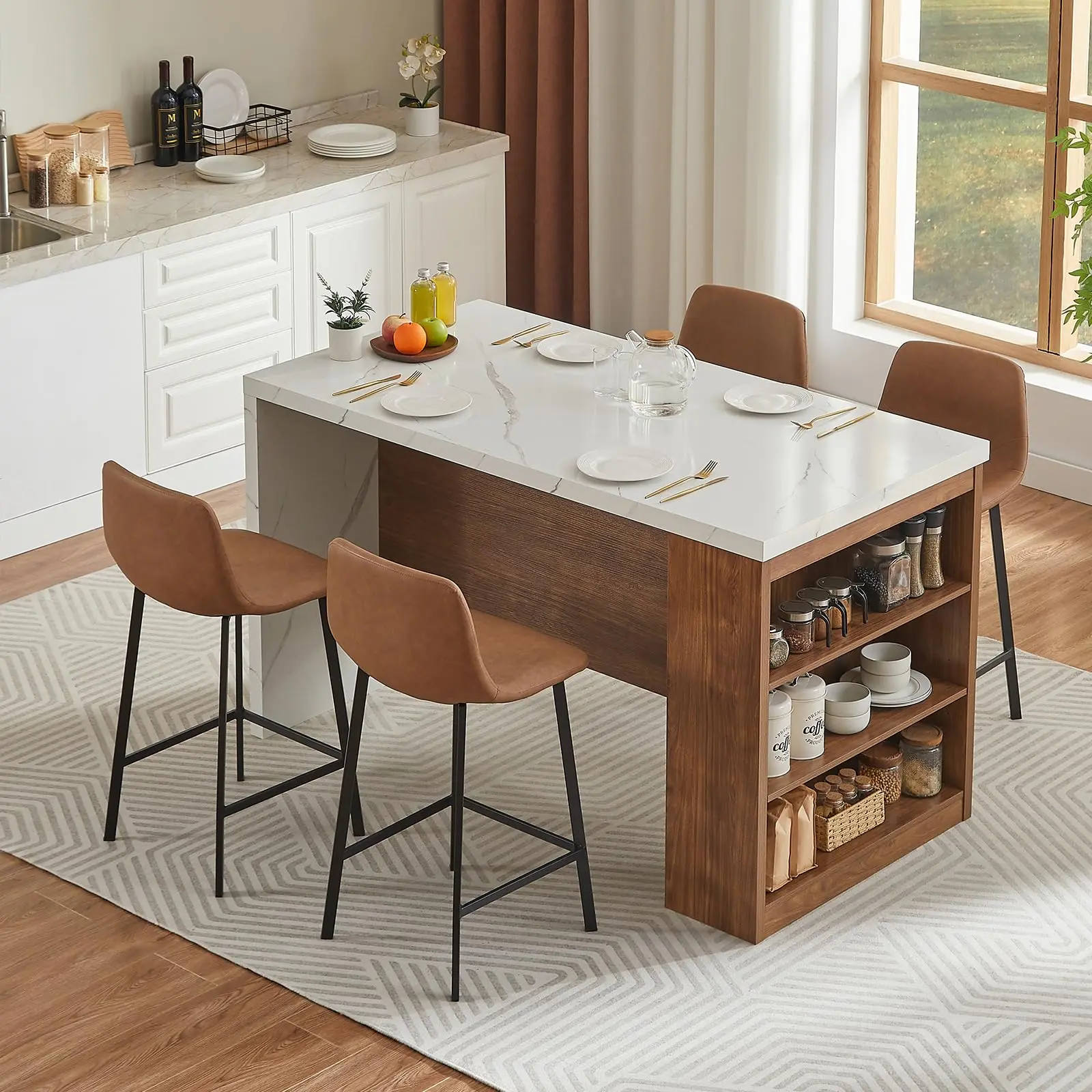 【SummerFinds】ONBRILL 61"x31" Large Wood Top Kitchen Island Table, Whole Board Tabletop with Storage Space, Power Outlet, LED Lights, Easy Setup Modern Imitation Marble Counter Height Dining Table for 4, For Four